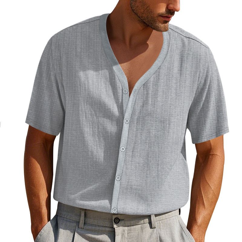 Stylish men's imitation hemp bamboo knot short sleeved Henry shirt loose casual trend button up cardigan T-shirt for men