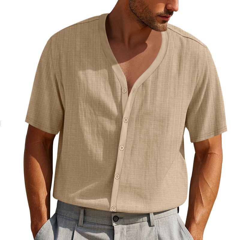 Stylish men's imitation hemp bamboo knot short sleeved Henry shirt loose casual trend button up cardigan T-shirt for men