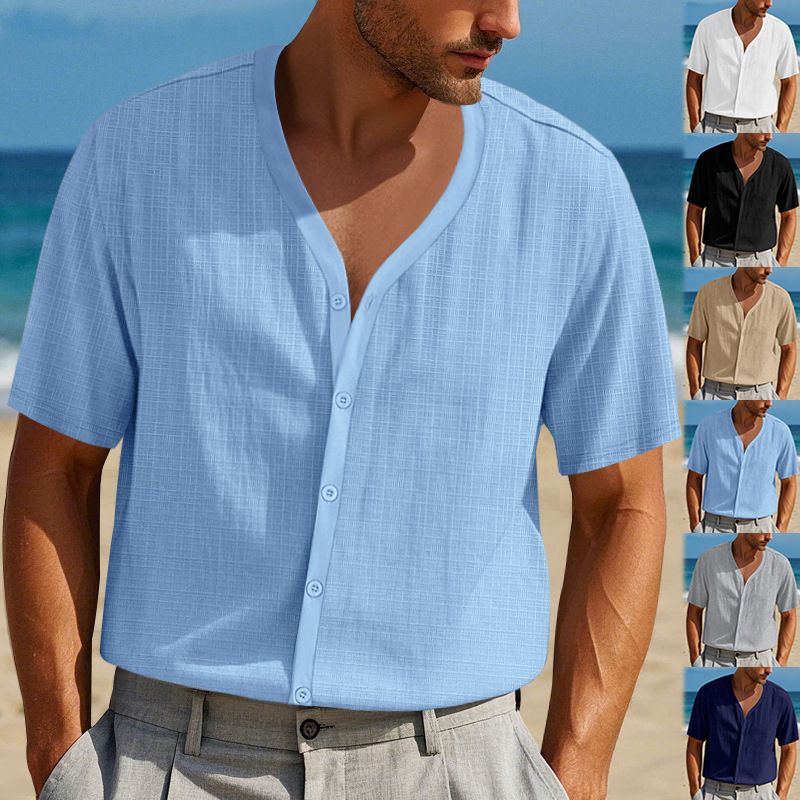 Stylish men's imitation hemp bamboo knot short sleeved Henry shirt loose casual trend button up cardigan T-shirt for men