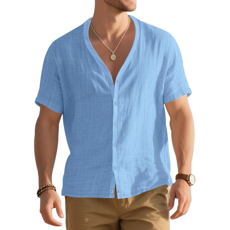 Stylish men's imitation hemp bamboo knot short sleeved Henry shirt loose casual trend button up cardigan T-shirt for men