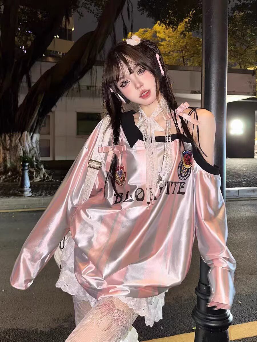 American retro sloping shoulder baseball jersey women's hoodie early autumn new style spicy girl sports style soccer baby top women