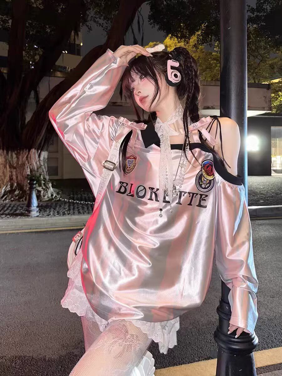 American retro sloping shoulder baseball jersey women's hoodie early autumn new style spicy girl sports style soccer baby top women