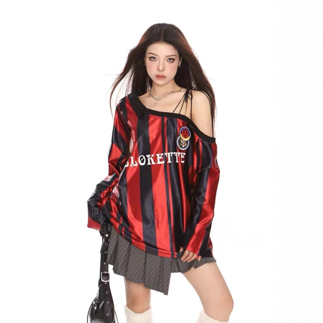 American retro sloping shoulder baseball jersey women's hoodie early autumn new style spicy girl sports style soccer baby top women