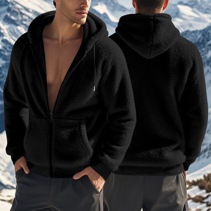 Men's American Spring and Autumn Thick Warm Double sided Velvet Jacket with Zipper Loose Cardigan, Casual Hooded Jacket