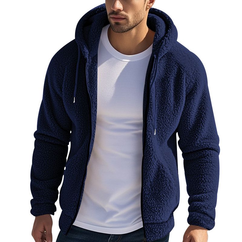 Men's American Spring and Autumn Thick Warm Double sided Velvet Jacket with Zipper Loose Cardigan, Casual Hooded Jacket