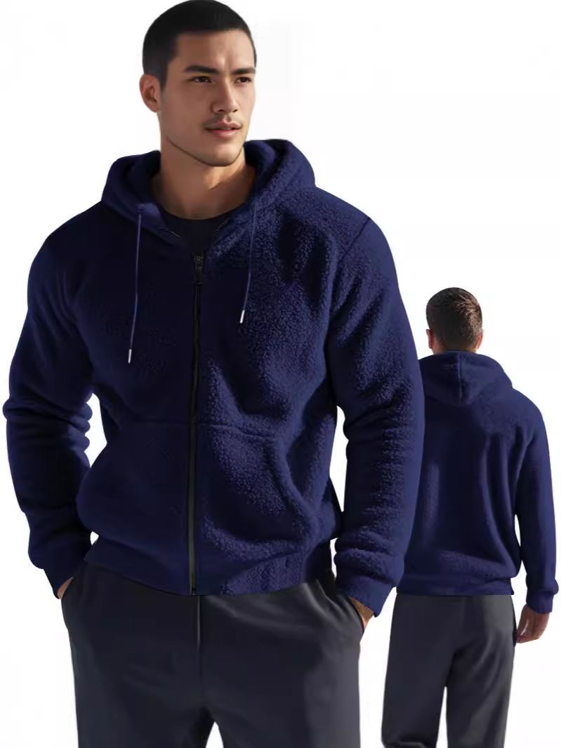 Men's American Spring and Autumn Thick Warm Double sided Velvet Jacket with Zipper Loose Cardigan, Casual Hooded Jacket
