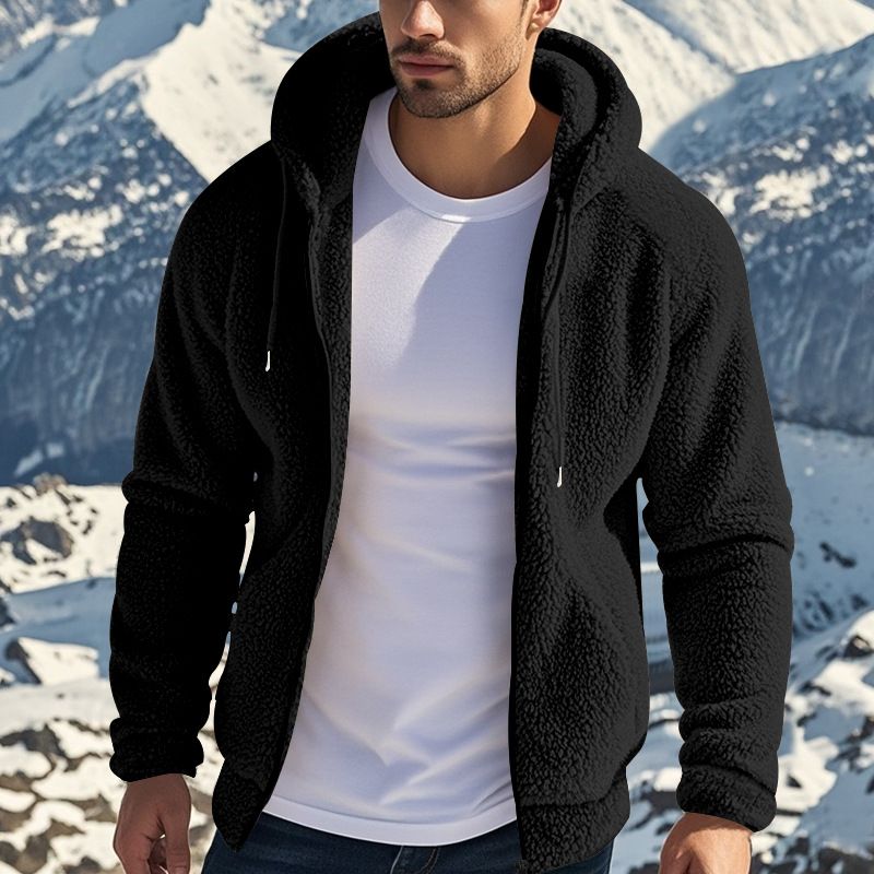 Men's American Spring and Autumn Thick Warm Double sided Velvet Jacket with Zipper Loose Cardigan, Casual Hooded Jacket