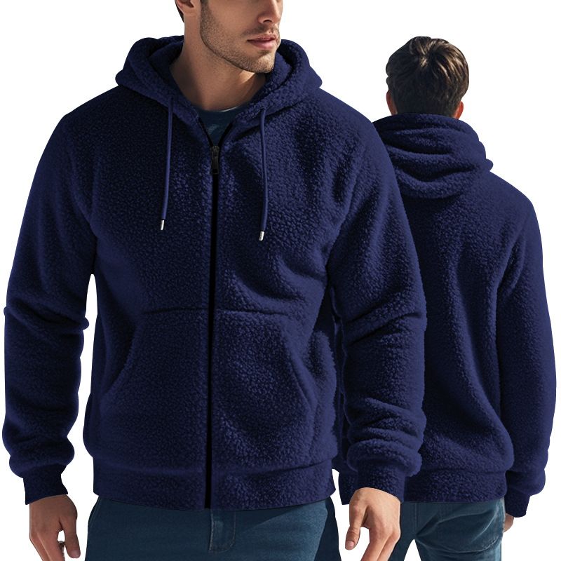 Men's American Spring and Autumn Thick Warm Double sided Velvet Jacket with Zipper Loose Cardigan, Casual Hooded Jacket