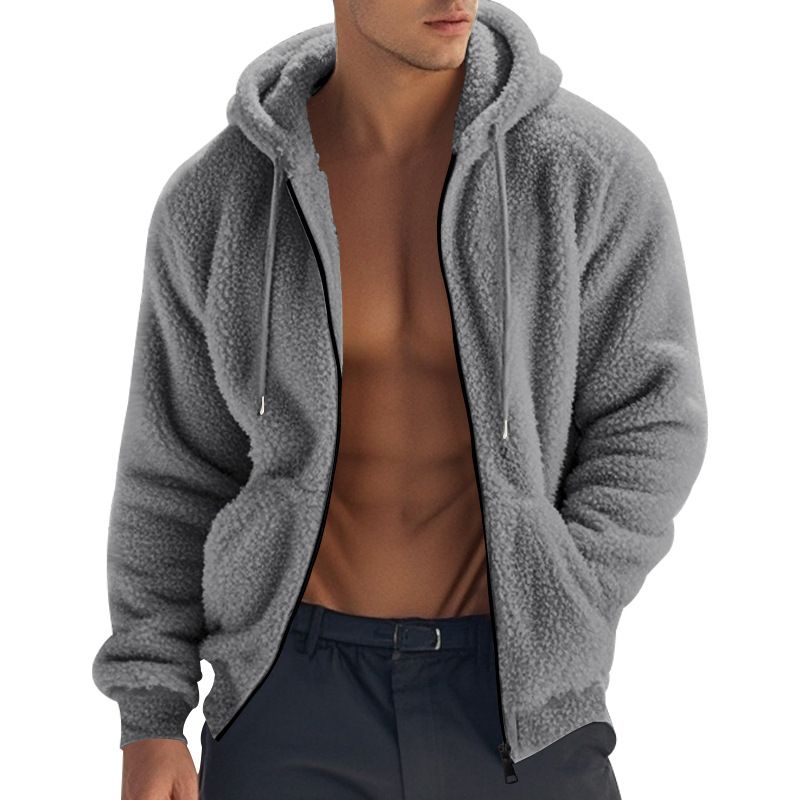 Men's American Spring and Autumn Thick Warm Double sided Velvet Jacket with Zipper Loose Cardigan, Casual Hooded Jacket