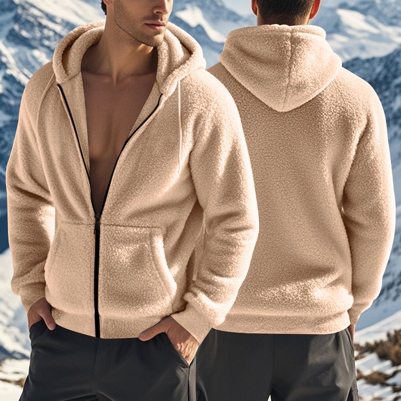 Men's American Spring and Autumn Thick Warm Double sided Velvet Jacket with Zipper Loose Cardigan, Casual Hooded Jacket