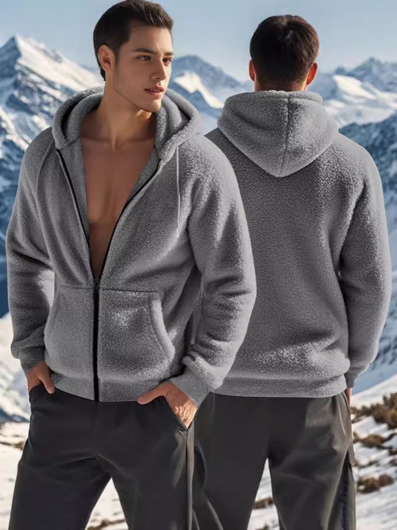 Men's American Spring and Autumn Thick Warm Double sided Velvet Jacket with Zipper Loose Cardigan, Casual Hooded Jacket