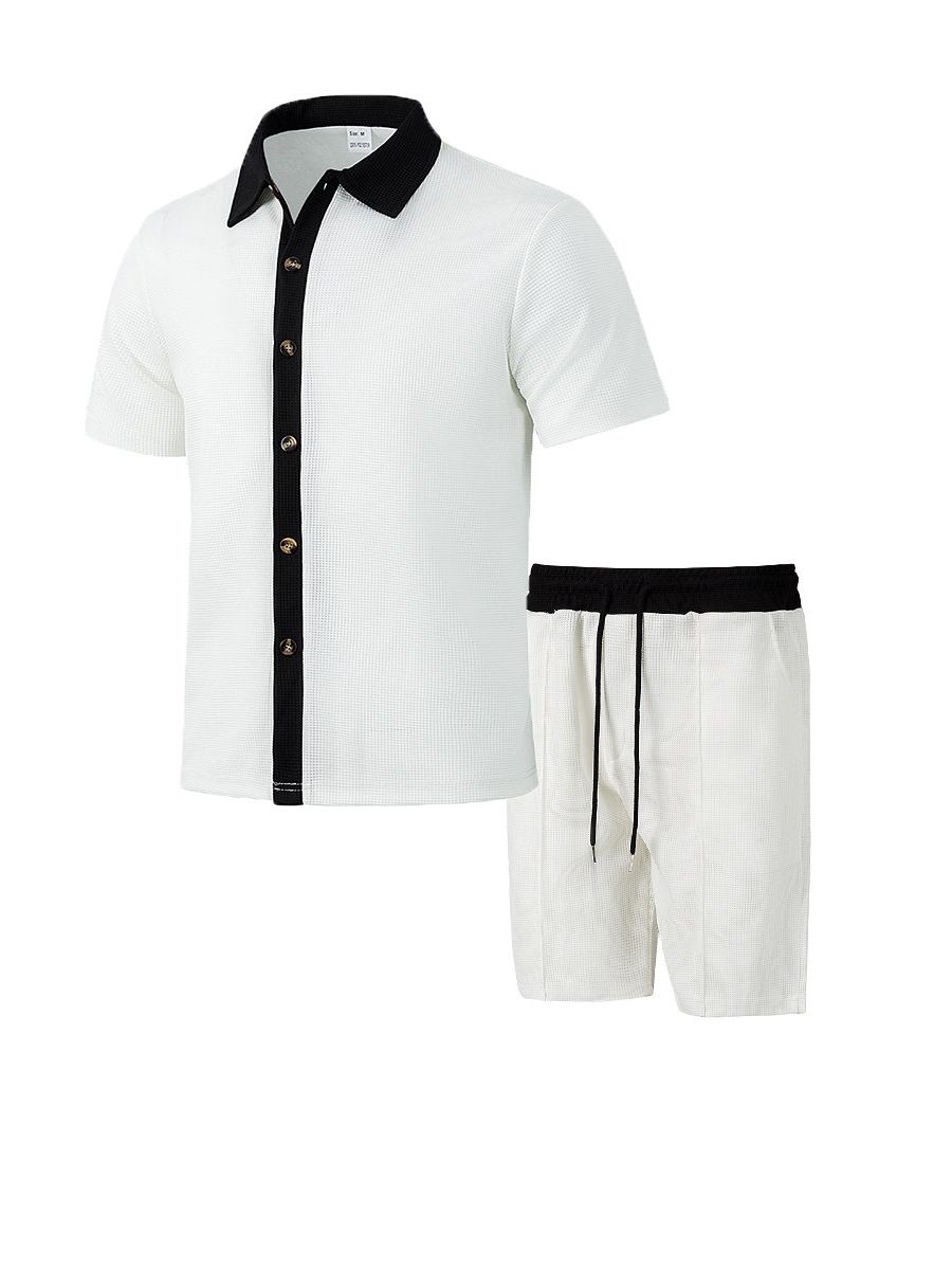 Amazon men's short sleeved shorts two-piece set, European and American style loose casual color blocked beach shirt set