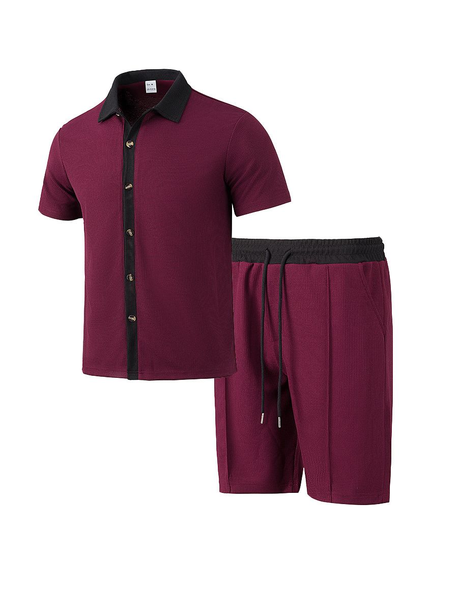 Amazon men's short sleeved shorts two-piece set, European and American style loose casual color blocked beach shirt set