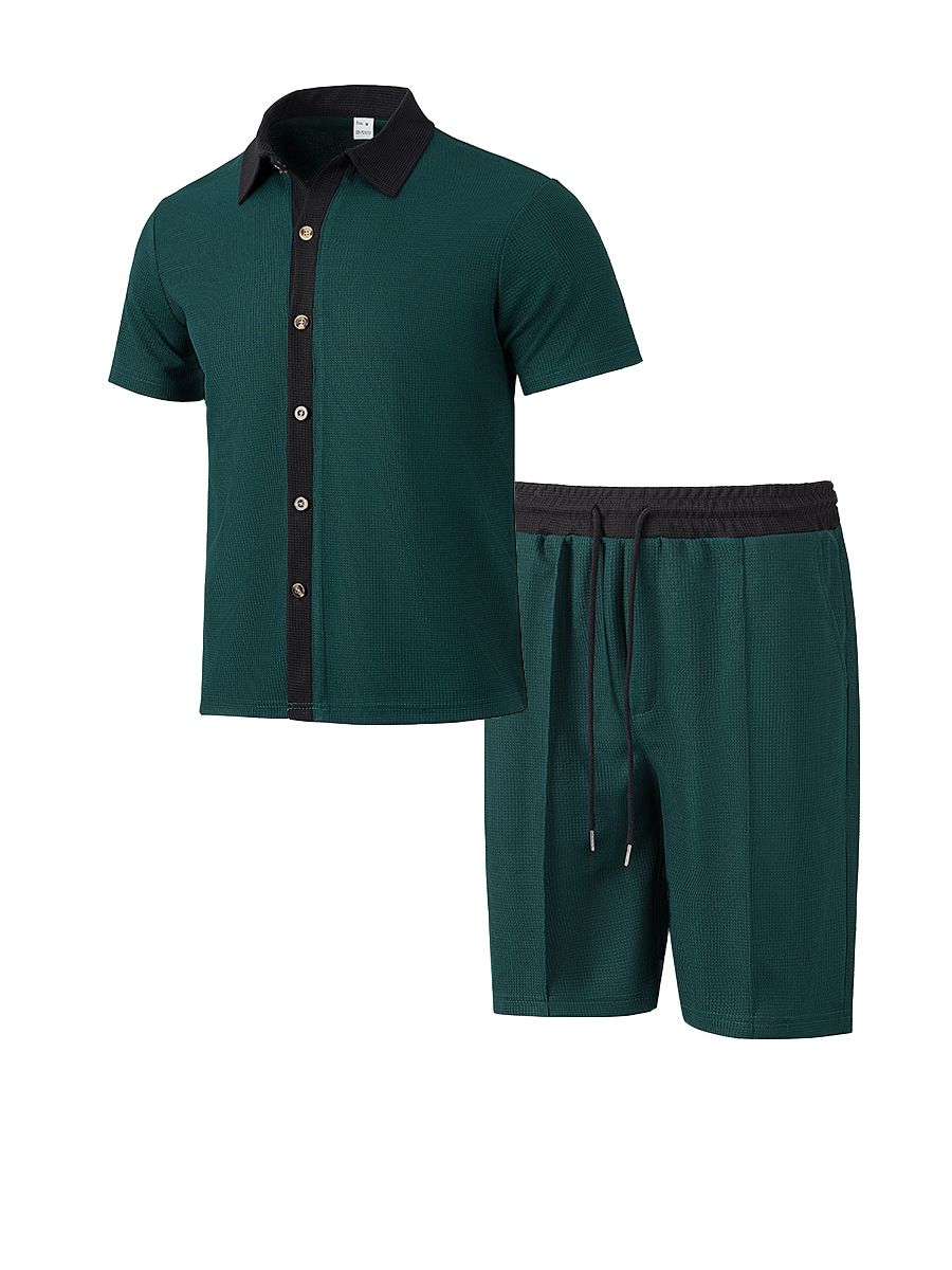 Amazon men's short sleeved shorts two-piece set, European and American style loose casual color blocked beach shirt set