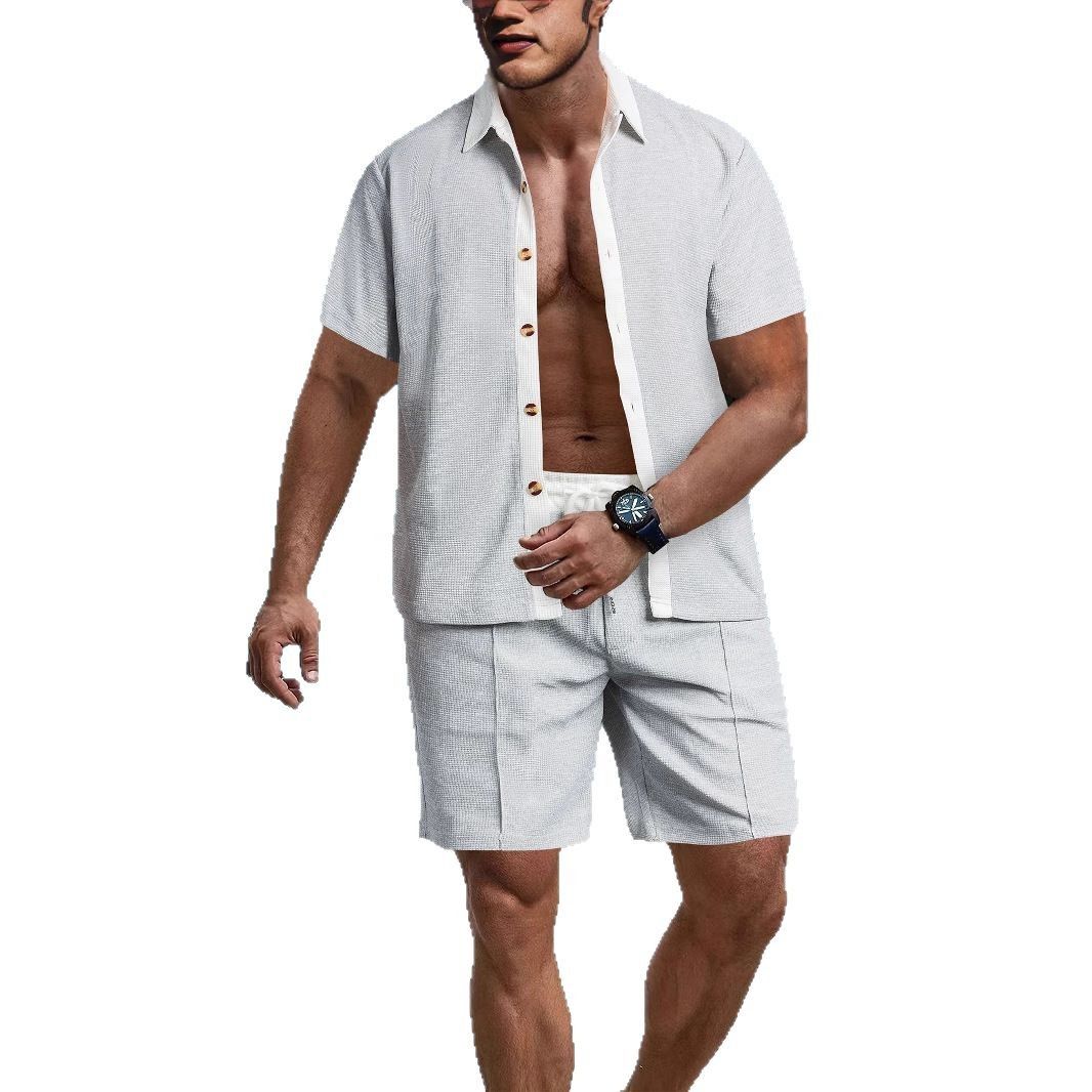 Amazon men's short sleeved shorts two-piece set, European and American style loose casual color blocked beach shirt set