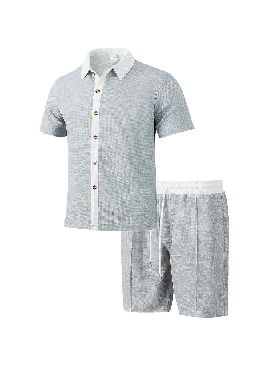 Amazon men's short sleeved shorts two-piece set, European and American style loose casual color blocked beach shirt set