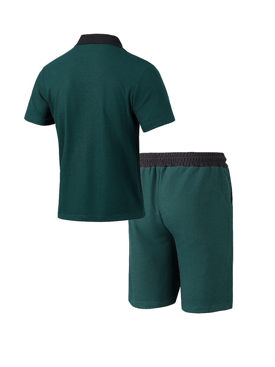 Amazon men's short sleeved shorts two-piece set, European and American style loose casual color blocked beach shirt set