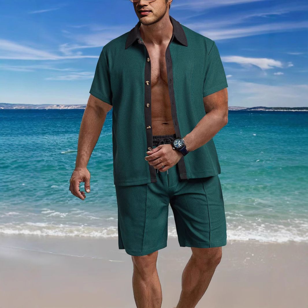 Amazon men's short sleeved shorts two-piece set, European and American style loose casual color blocked beach shirt set