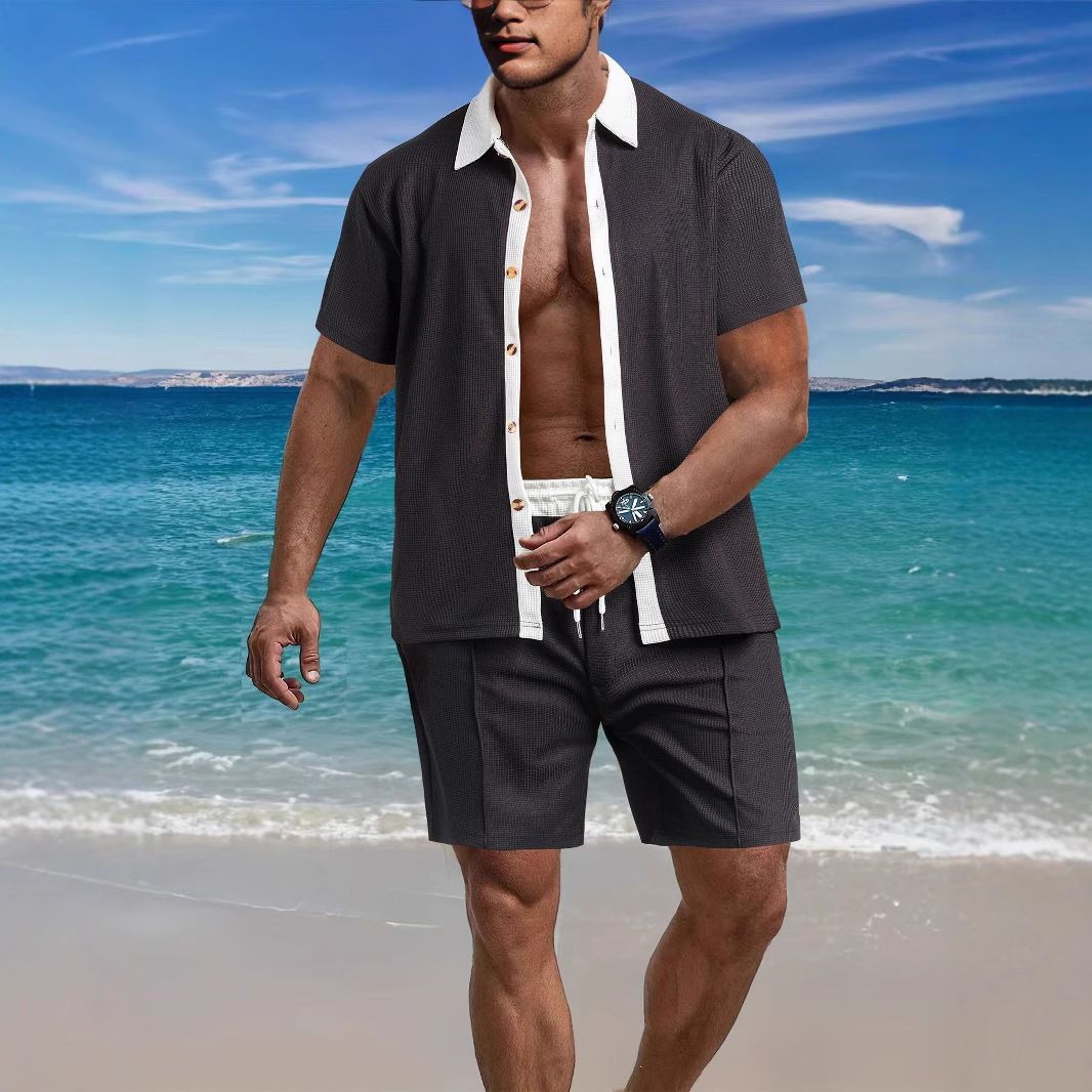 Amazon men's short sleeved shorts two-piece set, European and American style loose casual color blocked beach shirt set