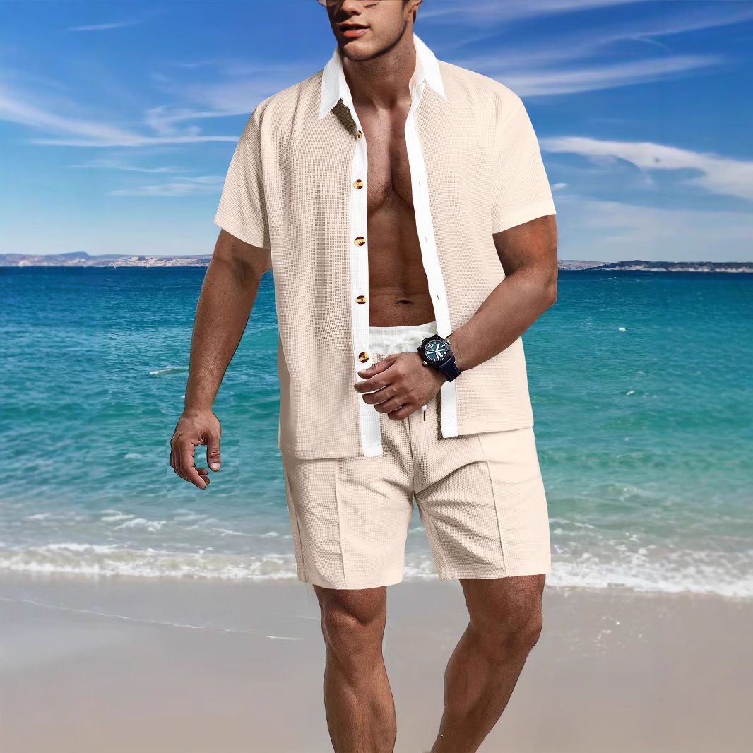 Amazon men's short sleeved shorts two-piece set, European and American style loose casual color blocked beach shirt set
