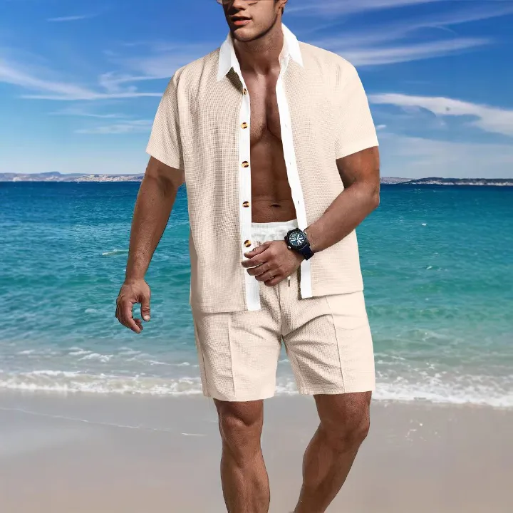 Amazon men's short sleeved shorts two-piece set, European and American style loose casual color blocked beach shirt set