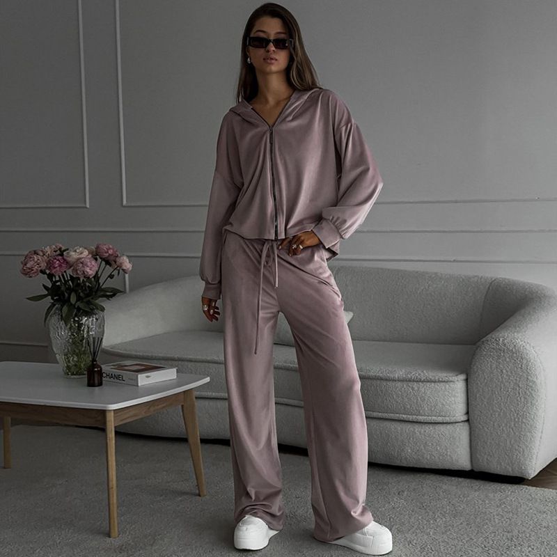 2 pcs /1 set,Casual women's set solid color long sleeved cardigan cap top sports pants two-piece set,Hot selling in Africa, hot selling items are popular