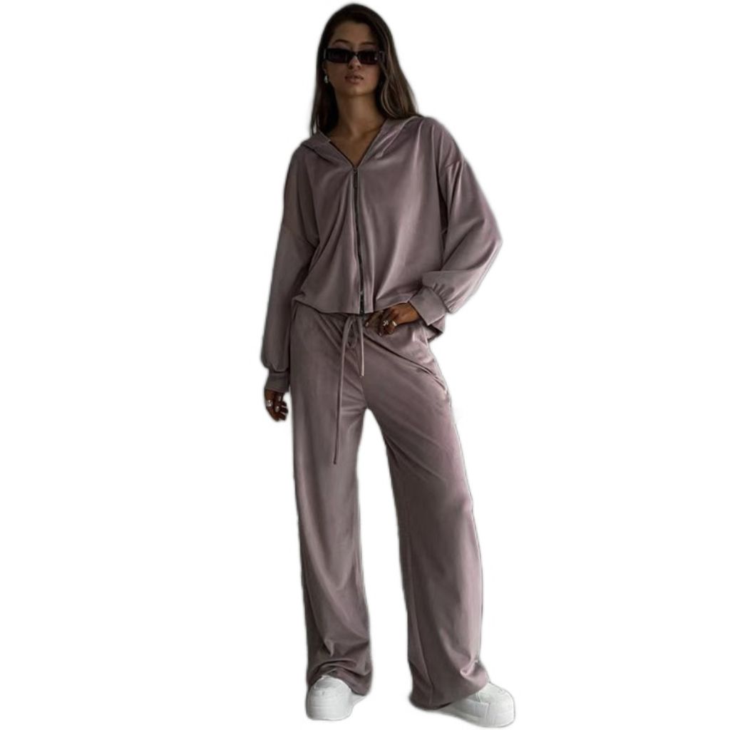 2 pcs /1 set,Casual women's set solid color long sleeved cardigan cap top sports pants two-piece set,Hot selling in Africa, hot selling items are popular