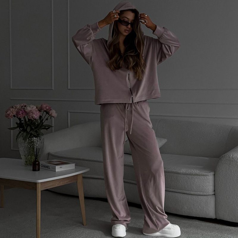 2 pcs /1 set,Casual women's set solid color long sleeved cardigan cap top sports pants two-piece set,Hot selling in Africa, hot selling items are popular