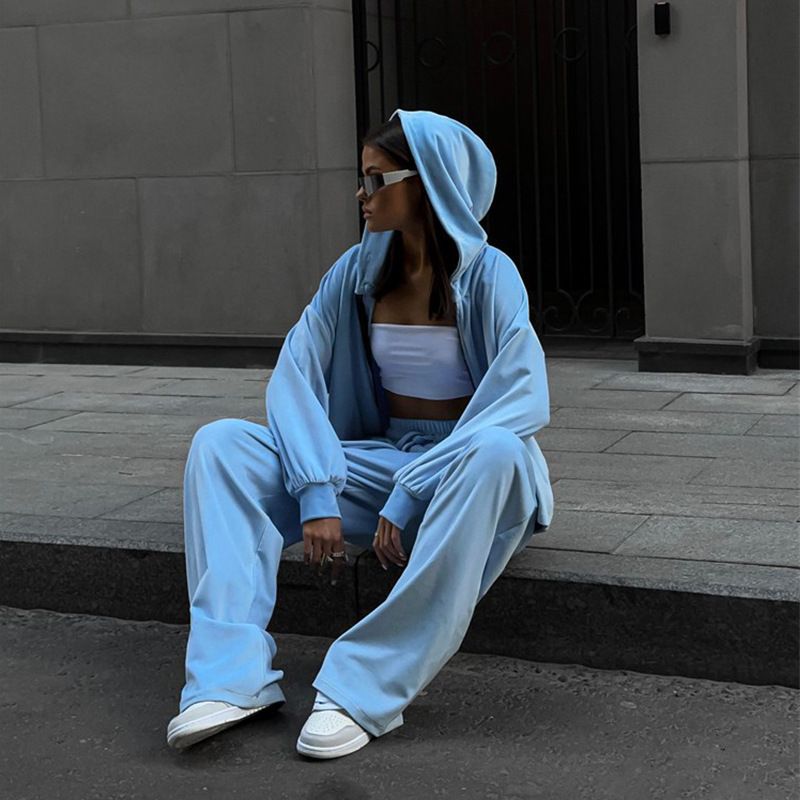 2 pcs /1 set,Casual women's set solid color long sleeved cardigan cap top sports pants two-piece set,Hot selling in Africa, hot selling items are popular