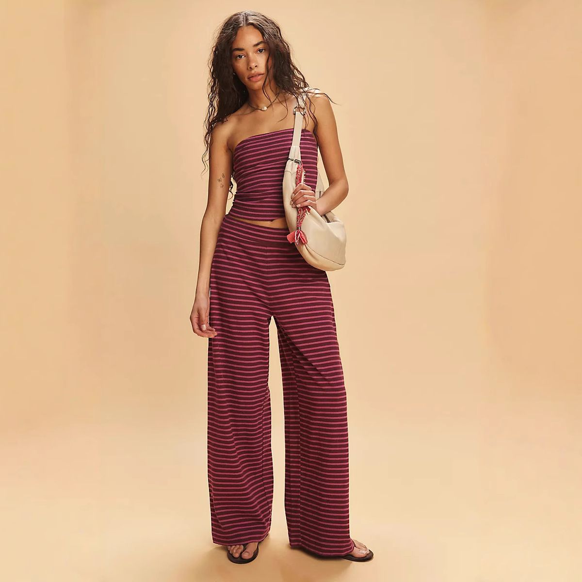 2 pcs / 1 set , Amazon European and American sexy slim fit casual striped set, color blocked strapless top, fashionable elastic pants two-piece set
