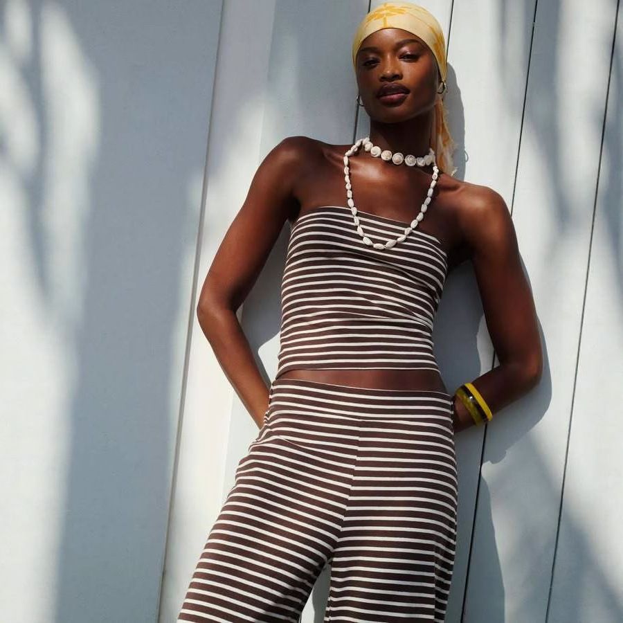 2 pcs / 1 set , Amazon European and American sexy slim fit casual striped set, color blocked strapless top, fashionable elastic pants two-piece set