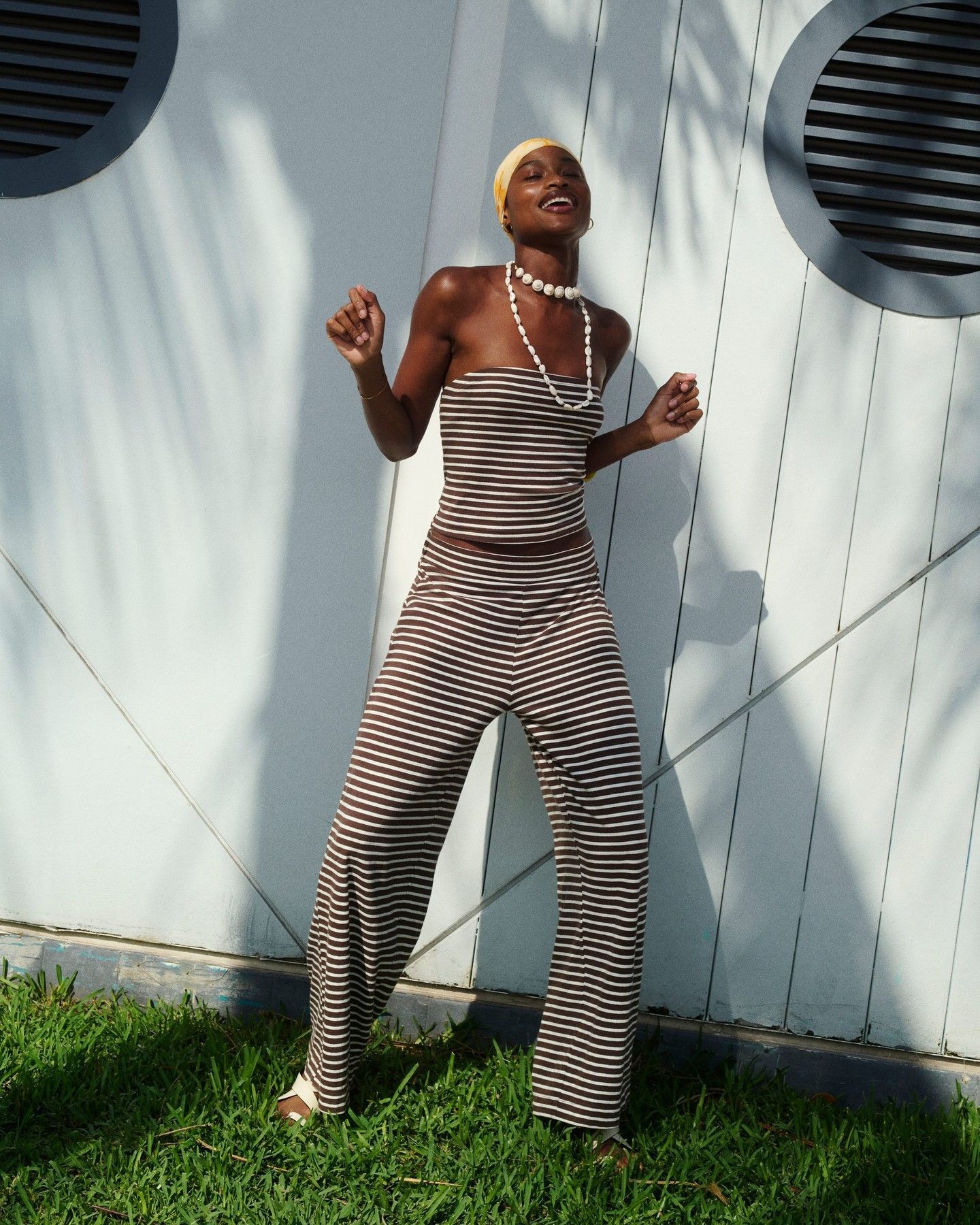 2 pcs / 1 set , Amazon European and American sexy slim fit casual striped set, color blocked strapless top, fashionable elastic pants two-piece set