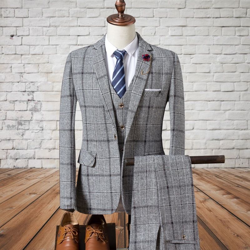 Three piece set, autumn and winter new styles, men's British slim fit checkered suit, fashionable style, men's casual dress set, trendy, suit/trousers/vest, thick style
