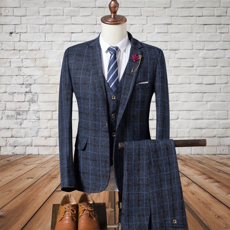 Three piece set, autumn and winter new styles, men's British slim fit checkered suit, fashionable style, men's casual dress set, trendy, suit/trousers/vest, thick style