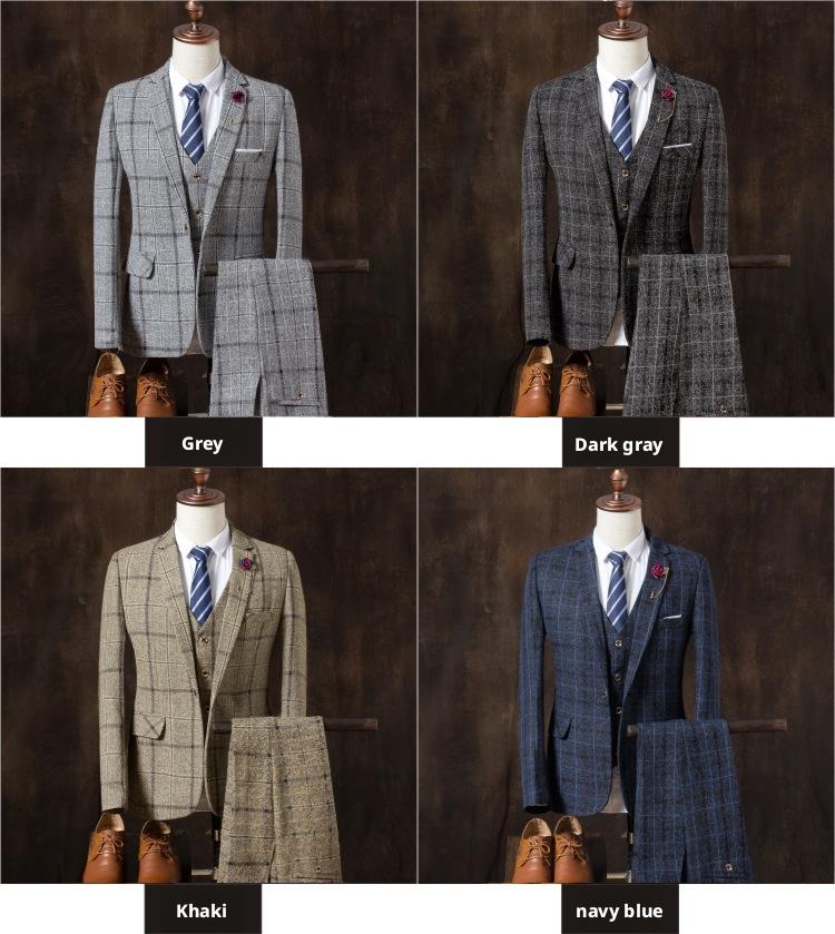 Three piece set, autumn and winter new styles, men's British slim fit checkered suit, fashionable style, men's casual dress set, trendy, suit/trousers/vest, thick style