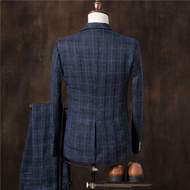 Three piece set, autumn and winter new styles, men's British slim fit checkered suit, fashionable style, men's casual dress set, trendy, suit/trousers/vest, thick style
