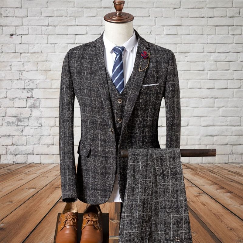 Three piece set, autumn and winter new styles, men's British slim fit checkered suit, fashionable style, men's casual dress set, trendy, suit/trousers/vest, thick style