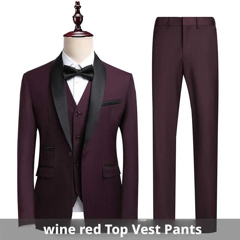 Men's suit, three piece set, green fruit collar, groom's wedding suit, men's slim fit, wine red groomsman's suit, wedding dress