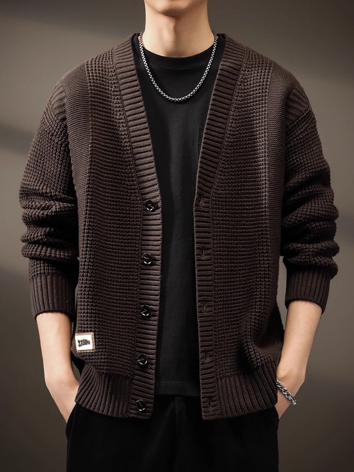 Cardigans, sweaters, men's spring and autumn trendy brands, loose and lazy style knitwear, men's zipper thread jacket, deep coffee jacket for outerwear