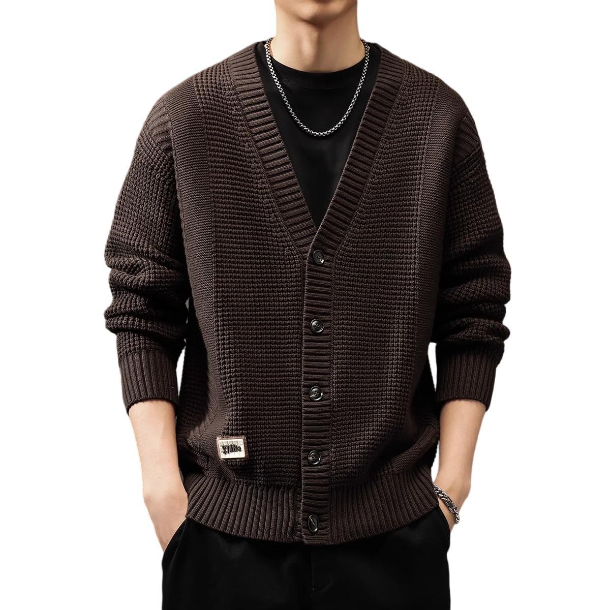 Cardigans, sweaters, men's spring and autumn trendy brands, loose and lazy style knitwear, men's zipper thread jacket, deep coffee jacket for outerwear