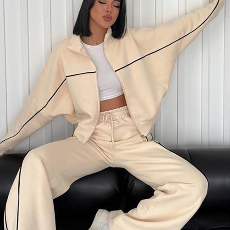 2 pcs / 1 set,Casual suit long sleeved half high neck cardigan sweatshirt with zip ties striped pants,Hot selling in Africa, hot selling items are popular
