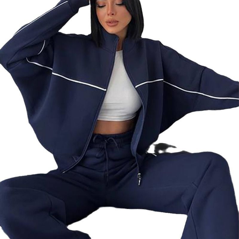 2 pcs / 1 set,Casual suit long sleeved half high neck cardigan sweatshirt with zip ties striped pants,Hot selling in Africa, hot selling items are popular