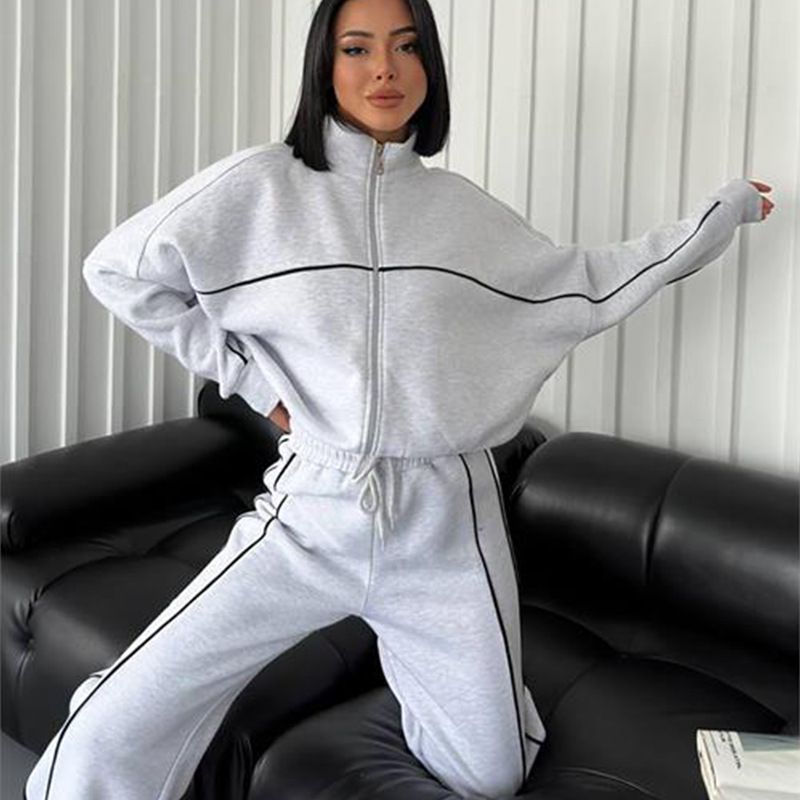 2 pcs / 1 set,Casual suit long sleeved half high neck cardigan sweatshirt with zip ties striped pants,Hot selling in Africa, hot selling items are popular