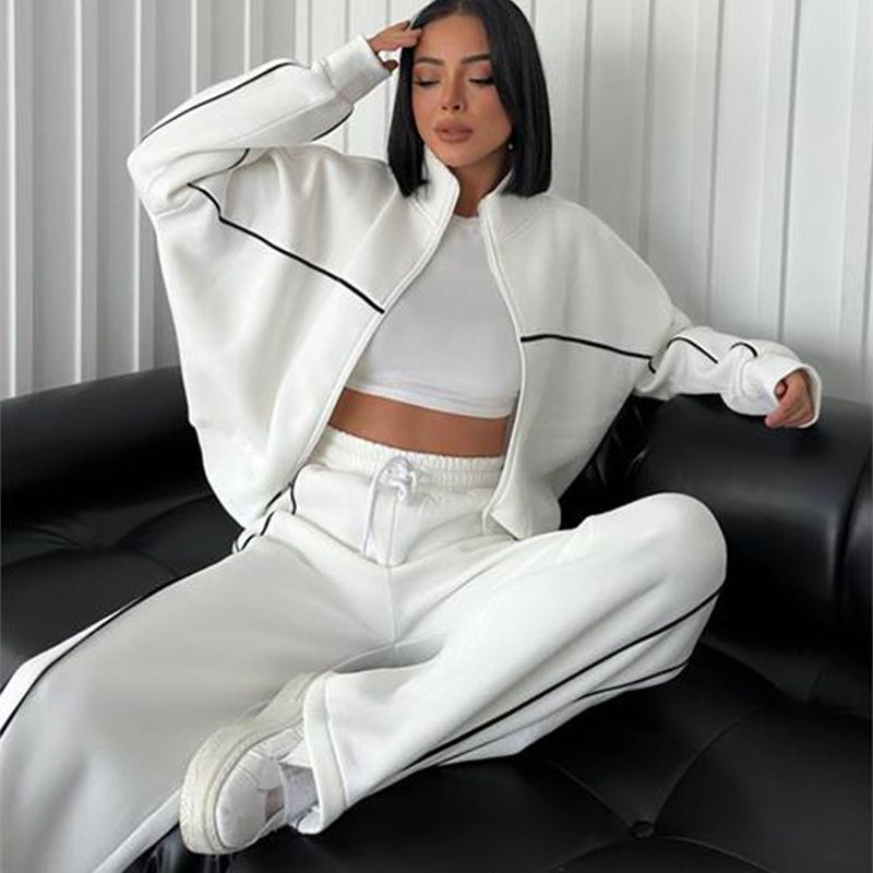 2 pcs / 1 set,Casual suit long sleeved half high neck cardigan sweatshirt with zip ties striped pants,Hot selling in Africa, hot selling items are popular