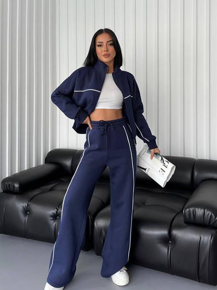 2 pcs / 1 set,Casual suit long sleeved half high neck cardigan sweatshirt with zip ties striped pants,Hot selling in Africa, hot selling items are popular