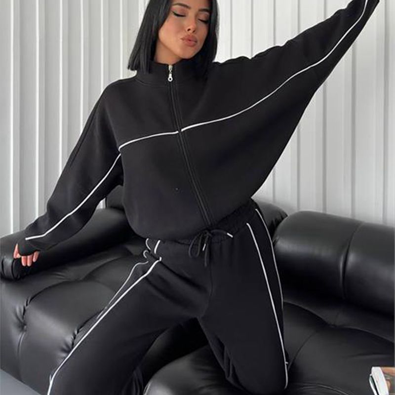 2 pcs / 1 set,Casual suit long sleeved half high neck cardigan sweatshirt with zip ties striped pants,Hot selling in Africa, hot selling items are popular