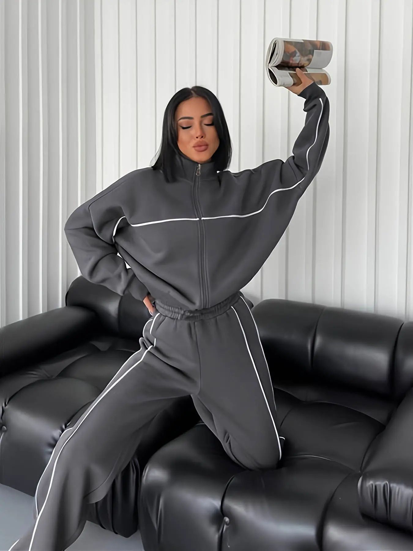 2 pcs / 1 set,Casual suit long sleeved half high neck cardigan sweatshirt with zip ties striped pants,Hot selling in Africa, hot selling items are popular