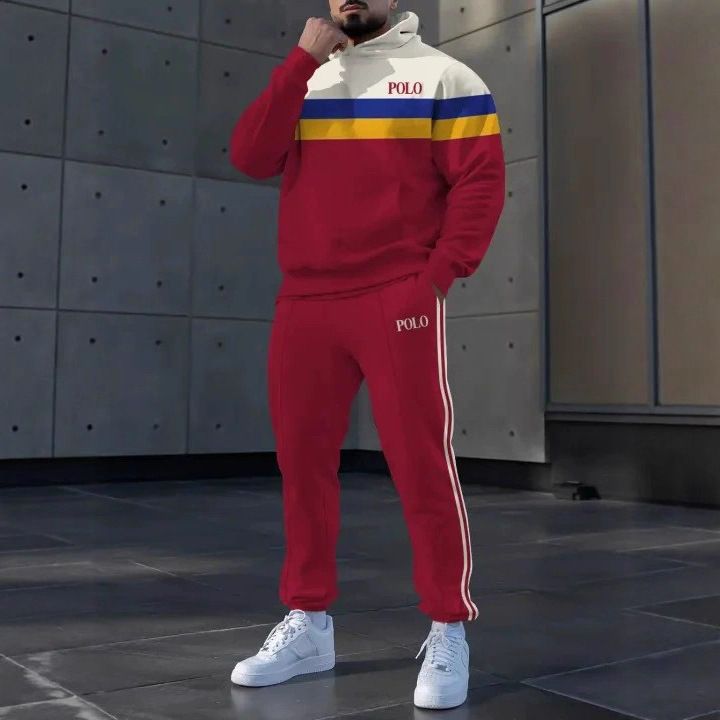 2 pcs/1 set,European and American men's clothing, new men's casual multi panel striped hooded sweatshirt set, fashionable sports suit for men