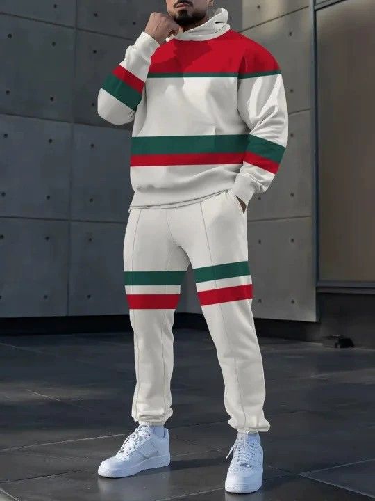 2 pcs/1 set,European and American men's clothing, new men's casual multi panel striped hooded sweatshirt set, fashionable sports suit for men