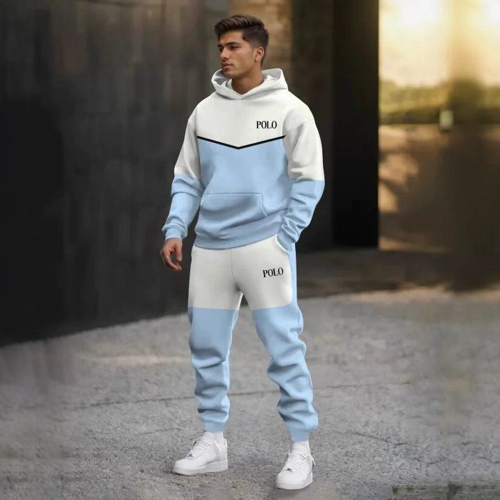 2 pcs/1 set,European and American men's clothing, new men's casual multi panel striped hooded sweatshirt set, fashionable sports suit for men